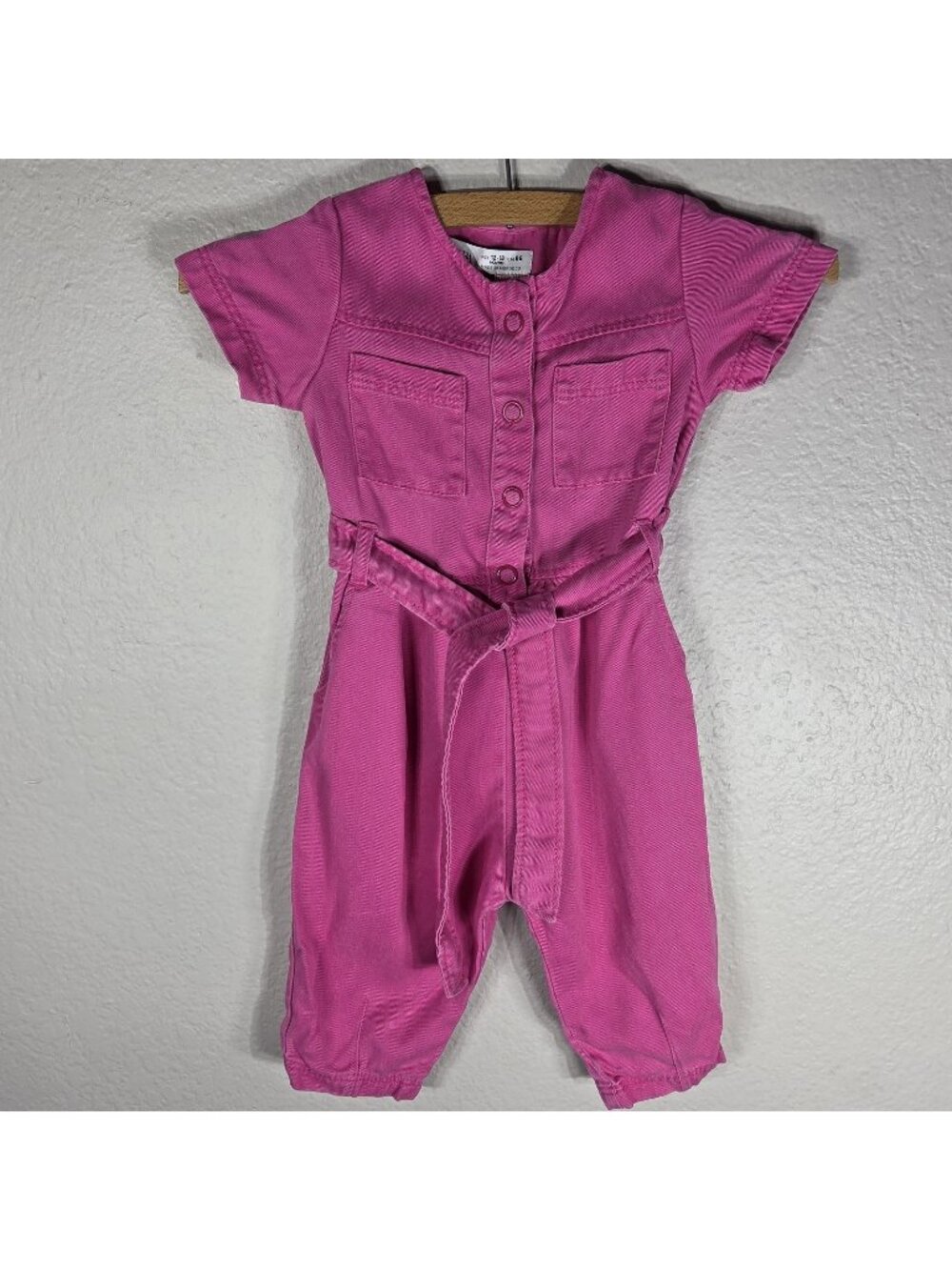 Zara Denim Jumpsuit Girls Pink Size12-18 Months Short Sleeve Belted Snap Closure